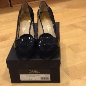 Cole Haan Penny Air High Moc suede & patent heels